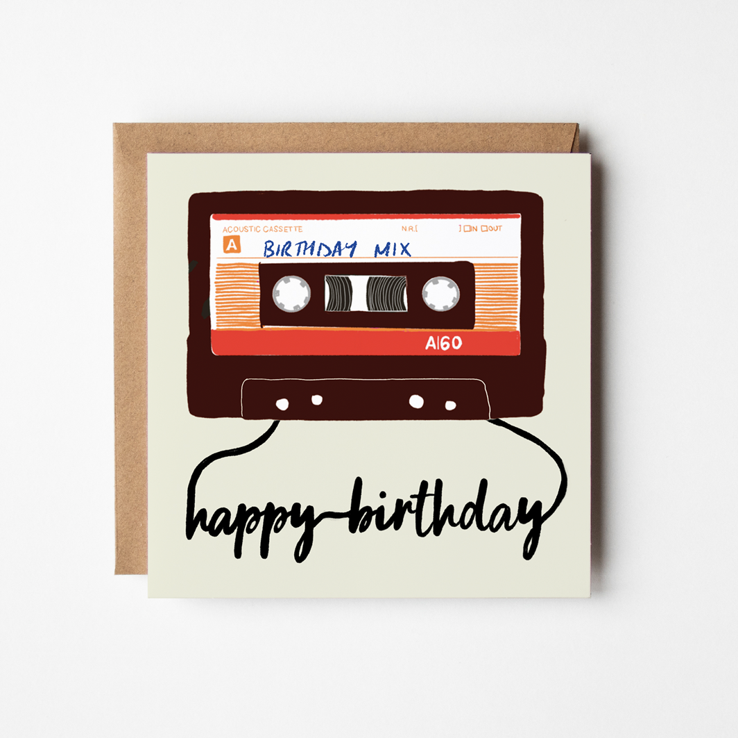 Birthday Mixtape - blank greetings card - Magnolia the Florist All my cards are from my own quirky and original illustrations and are blank inside, so they work equally well as greetings cards or notecards. They are square (15 x 15cm) cards printed on high quality matt, 350gsm card stock. They come with a kraft envelope and are sealed with a card clasp.  1