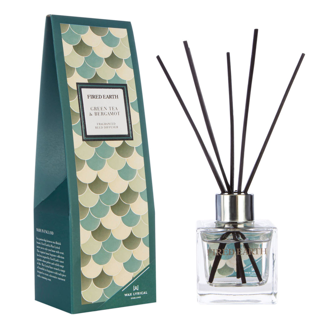 Fired Earth Reed Diffuser 100ml, Green Tea & Bergamot - Magnolia the Florist Uplift your space with this Green Tea and Bergamot 100ml reed Diffuser from Wax Lyrical’s Fired Earth collection. The initial burst of bergamot awakens your senses, while the refreshing green tea creates a clean and invigorating aroma to promote relaxation. Perfect for living rooms and bedrooms.  1
