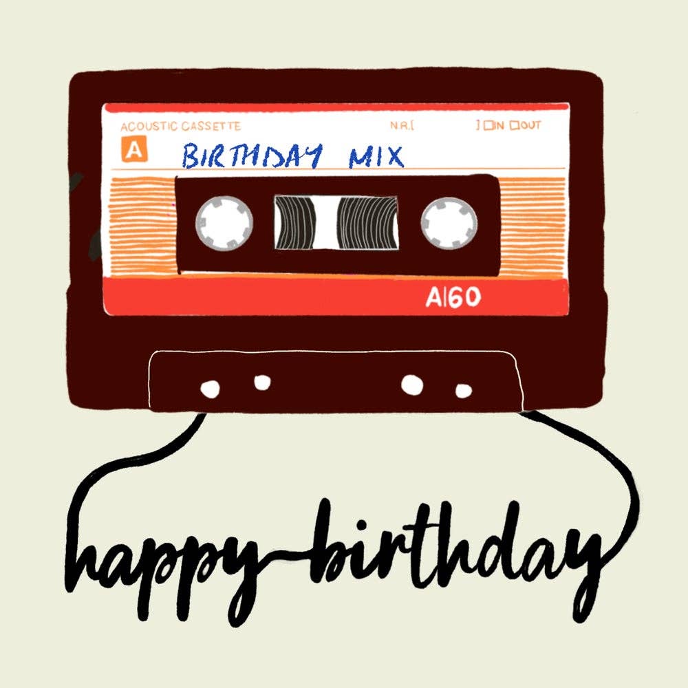 Birthday Mixtape - blank greetings card - Magnolia the Florist All my cards are from my own quirky and original illustrations and are blank inside, so they work equally well as greetings cards or notecards. They are square (15 x 15cm) cards printed on high quality matt, 350gsm card stock. They come with a kraft envelope and are sealed with a card clasp.  2