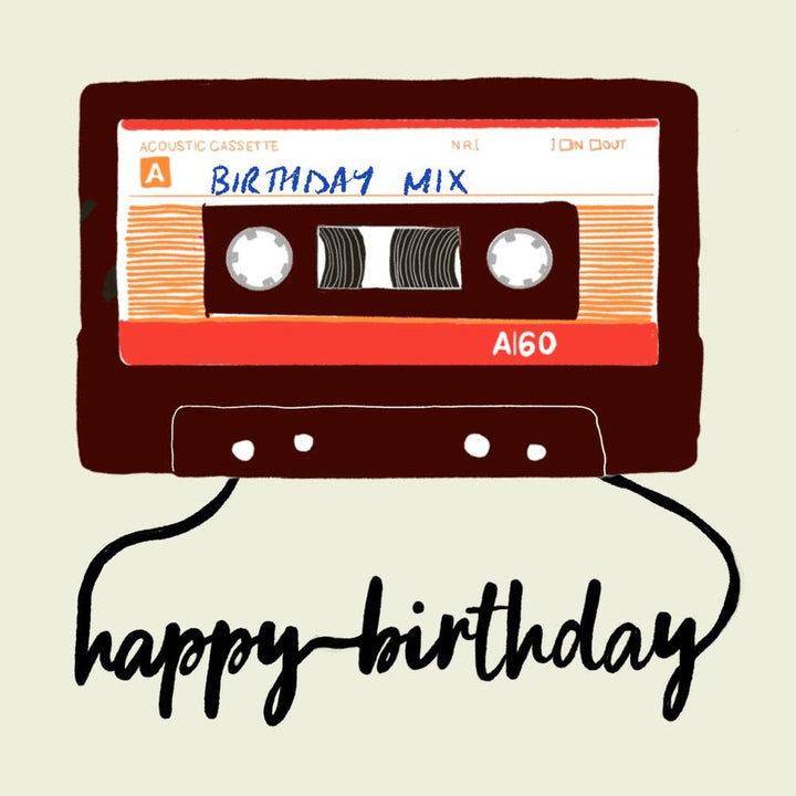 Birthday Mixtape - blank greetings card - Magnolia the Florist All my cards are from my own quirky and original illustrations and are blank inside, so they work equally well as greetings cards or notecards. They are square (15 x 15cm) cards printed on high quality matt, 350gsm card stock. They come with a kraft envelope and are sealed with a card clasp.  2