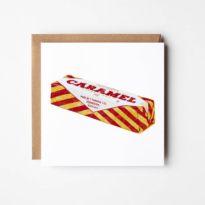 Tunnocks Caramel Wafer - blank greetings card - Magnolia the Florist All my cards are from my own quirky and original illustrations and are blank inside, so they work equally well as greetings cards or notecards. They are square (15 x 15cm) cards printed on high quality matt, 350gsm card stock. They come with a kraft envelope and are sealed with a card clasp.  1