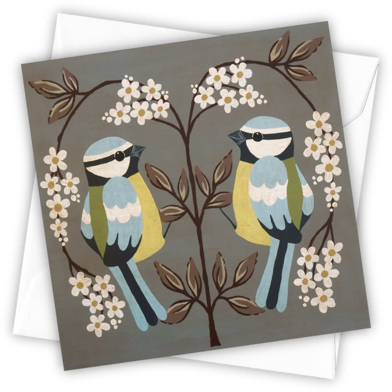 Blue Tits Greetings Card - Magnolia the Florist Individual greeting card and envelope. Blank inside for your personal message Supplied with a colour co-ordinated envelope Envelope colour: White High-quality (300gsm) matt finish card Printed in the UK. Size: 100mm × 100m  1