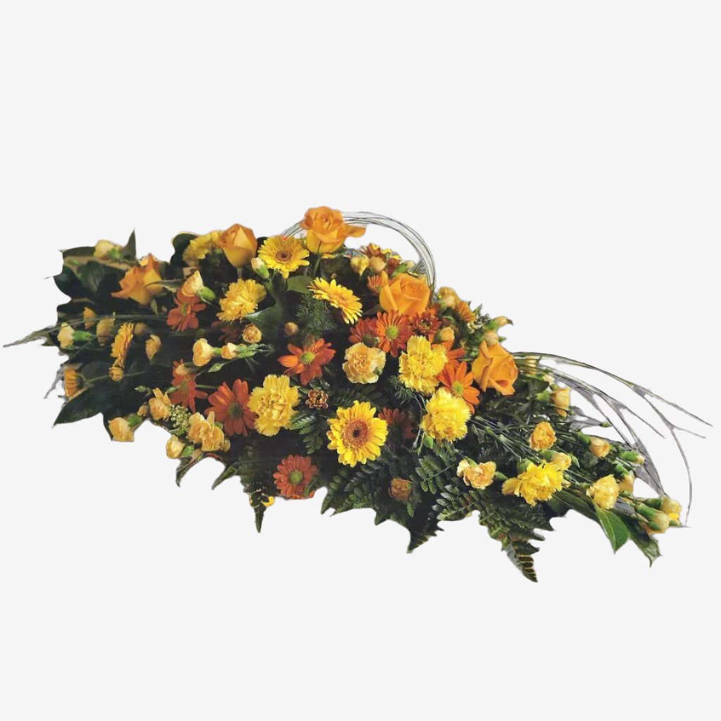 Orange and Yellow Casket Spray - Magnolia the Florist This stunning casket spray is made from a mixture of seasonal Orange and Yellow flowers and foliage. The image is an overall representation of the finished item and flower content may differ from the image shown. If you cannot find what you want on our site, please call our sales team, we're always happy to assist you. This item requires 2 days notice to order.  1