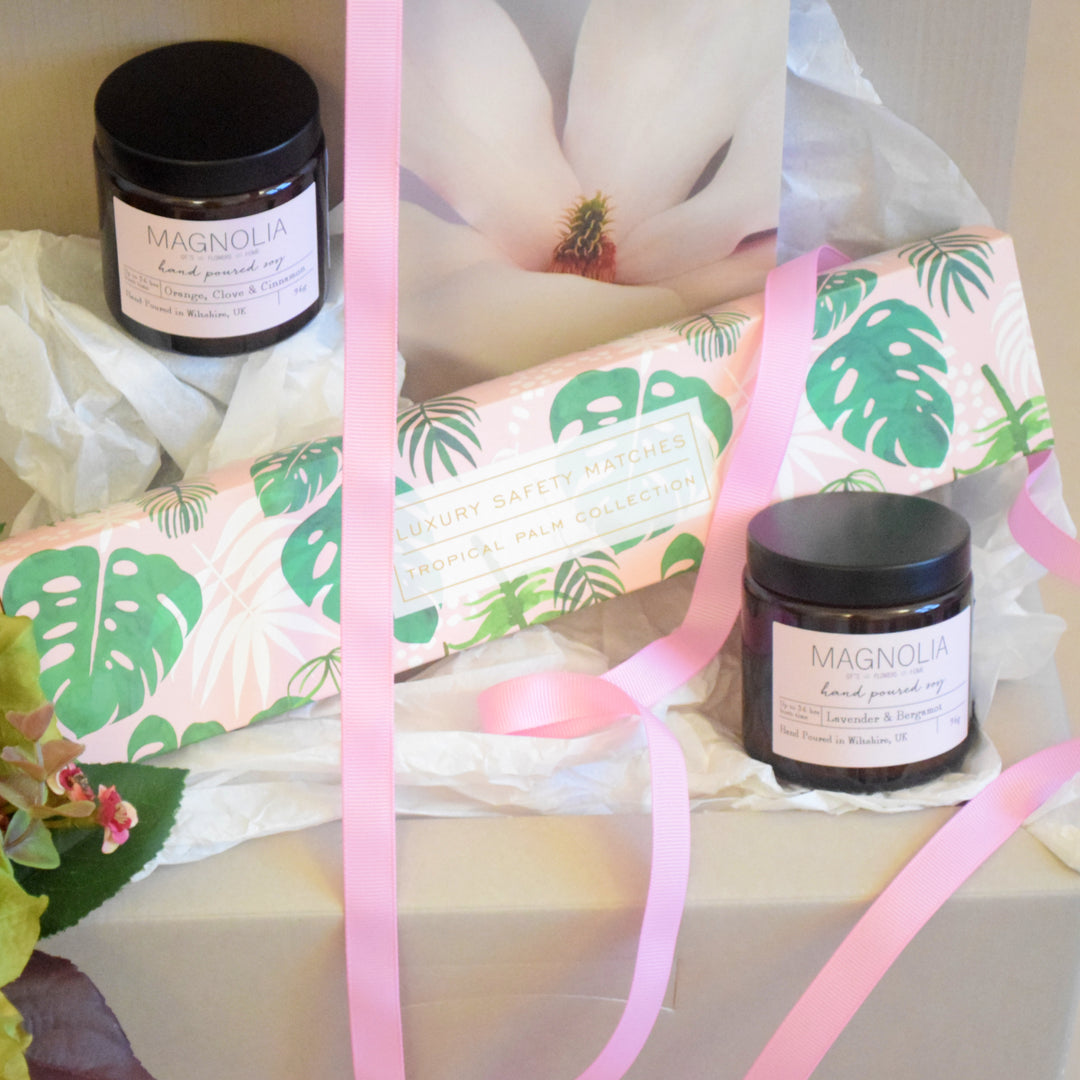 Candle &amp; Matches Gift Set - Magnolia the Florist Indulge in the luxury of our Candle &amp; Matches Gift Set. This exclusive selection features two hand-picked scented candles and long matches, beautifully packaged in a gift box and finished with a bow. Treat yourself or a loved one to the perfect blend of elegance and ambience.  2