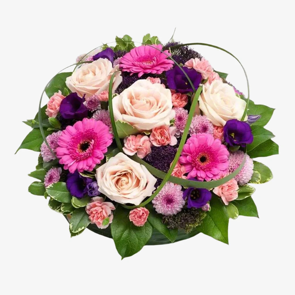 Pretty Pinks Posy - Magnolia the Florist A beautiful pink posy design with deep pink germini, pink roses, deep pink chrysanthemum, pink spray carnation and purple lisianthus. If you cannot find what you want on our site, please call our sales team, we're always happy to assist you This item requires 1 days notice to order.  1