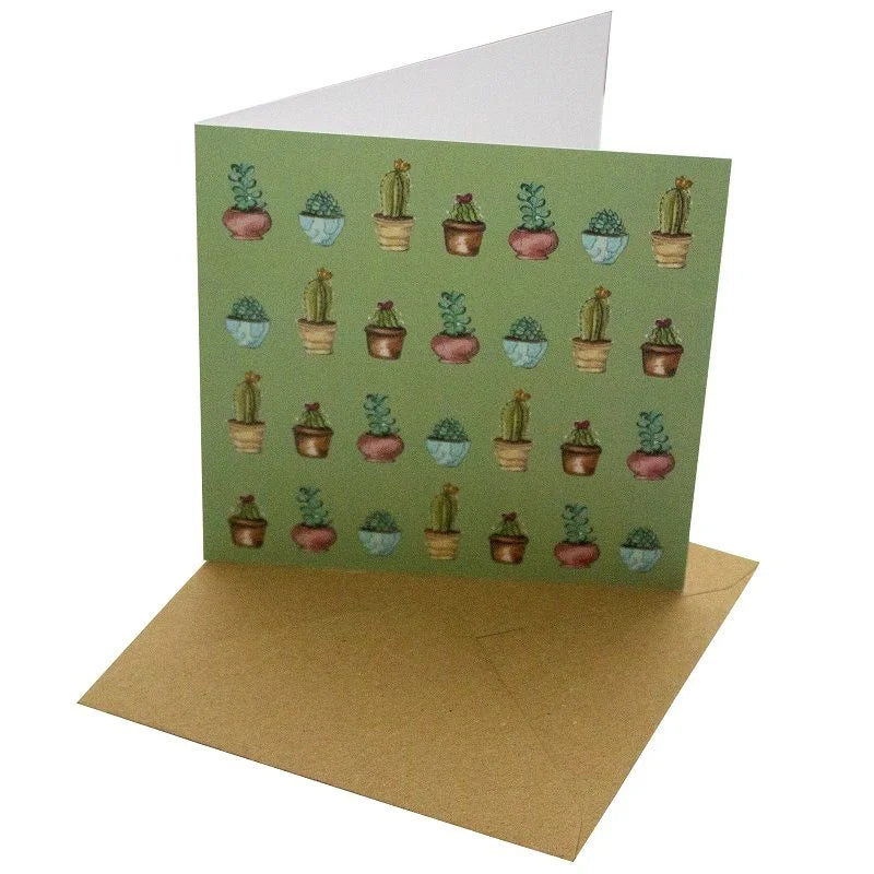 Green Cactus Greetings Card - Magnolia the Florist Gift your loved ones a beautiful Green Cactus Greetings Card that will make any occasion special. This 148mm square card is made with a sustainable, 100% recycled unbleached 350gsm paper. The featured feather design with a blank interior for a personal message makes it a perfect choice for any special day.  1
