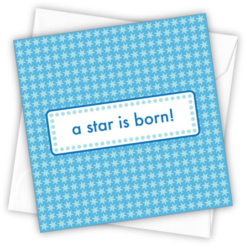 A Star Is Born! (Blue) Greetings Card - Magnolia the Florist Individual greeting card and envelope. Blank inside for your personal message Supplied with a colour co-ordinated envelope Envelope colour: White High-quality (300gsm) matt finish card Printed in the UK. Size: 100mm × 100m  1