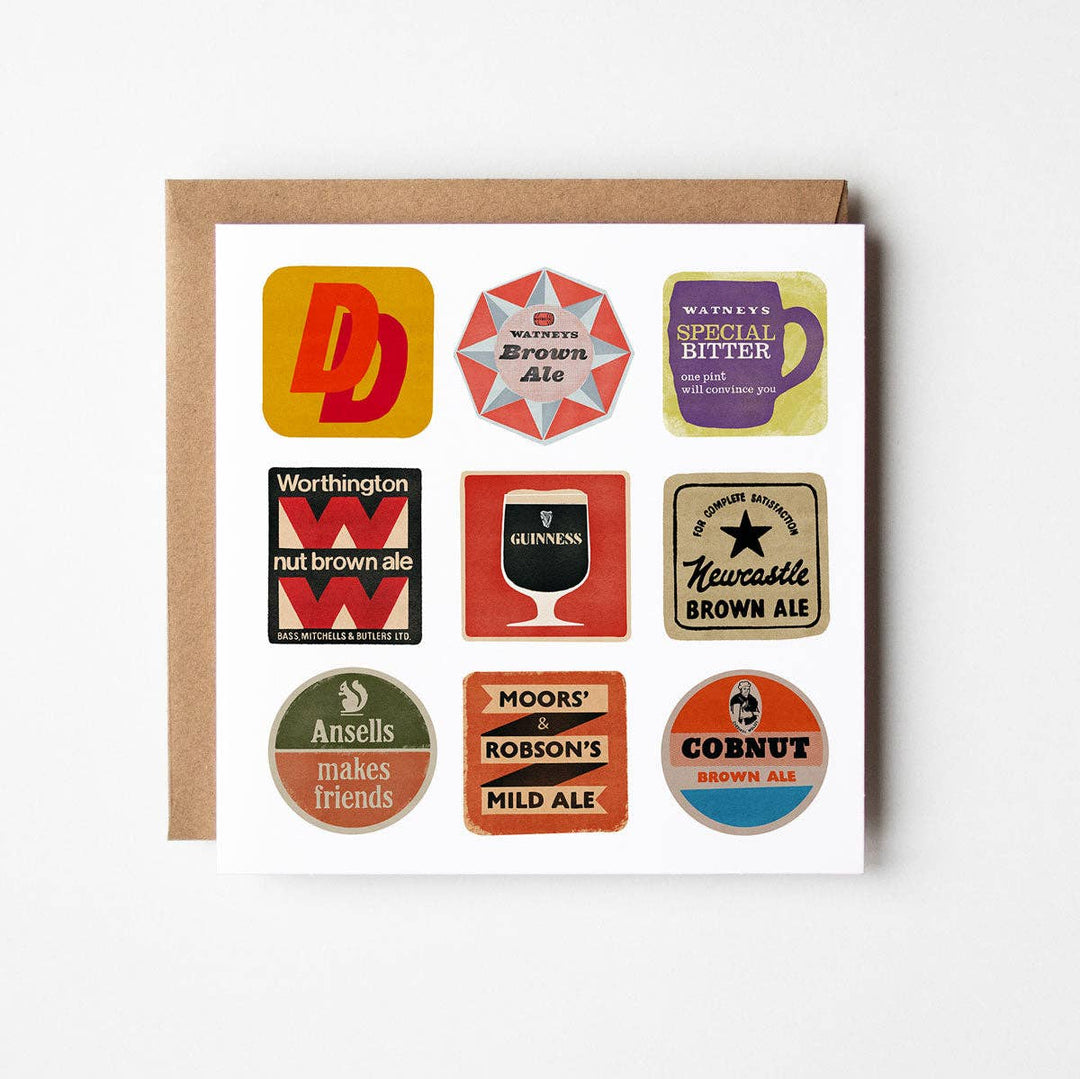 Beer Mats - blank greetings card - Magnolia the Florist This card features my 'Beer Mats' original illustration and depicts a collection of vintage beer mats. All my cards are from my own original illustrations and are blank inside, so they work equally well as greetings cards or notecards. They are square (15 x 15cm) cards printed on high quality matt, 350gsm card stock. They come with a kraft envelope and are sealed with a card clasp.  1