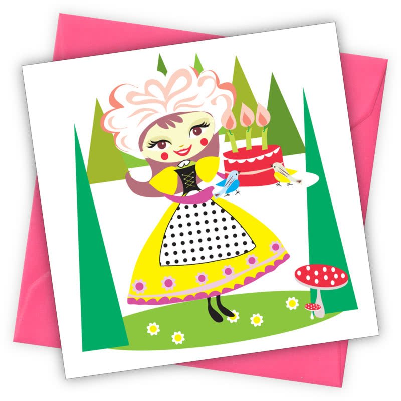 Cake Lady Greetings Card - Magnolia the Florist Individual greeting card and envelope. Blank inside for your personal message Supplied with a colour co-ordinated envelope Envelope colour: Cerise High-quality (300gsm) matt finish card Printed in the UK. Size: 100mm × 100m  1