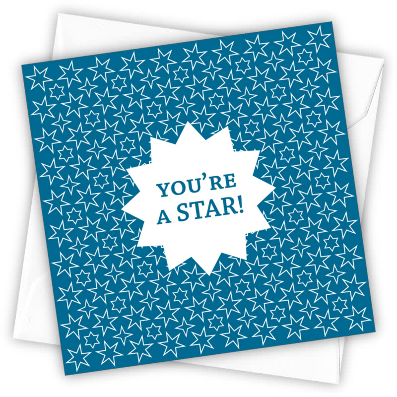 You're A Star! Greetings Card - Magnolia the Florist Individual greeting card and envelope. Blank inside for your personal message Supplied with a colour co-ordinated envelope Envelope colour: White High-quality (300gsm) matt finish card Printed in the UK. Size: 100mm × 100m  1