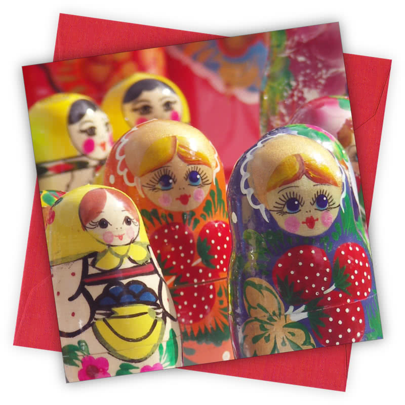 Russian Dolls Greetings Card - Magnolia the Florist Individual greeting card and envelope. Blank inside for your personal message Supplied with a colour co-ordinated envelope Envelope colour: Red High-quality (300gsm) matt finish card Printed in the UK. Size: 100mm × 100m  1