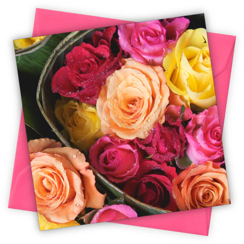 Flower Market Greetings Card - Magnolia the Florist Individual greeting card and envelope. Blank inside for your personal message Supplied with a colour co-ordinated envelope Envelope colour: Cerise High-quality (300gsm) matt finish card Printed in the UK. Size: 100mm × 100m  1