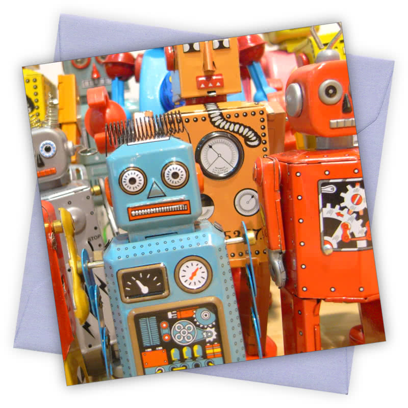 Retro Robots - Magnolia the Florist Individual greeting card and envelope. Blank inside for your personal message Supplied with a colour co-ordinated envelope Envelope colour: Blue High-quality (300gsm) matt finish card Printed in the UK. Size: 100mm × 100m  1