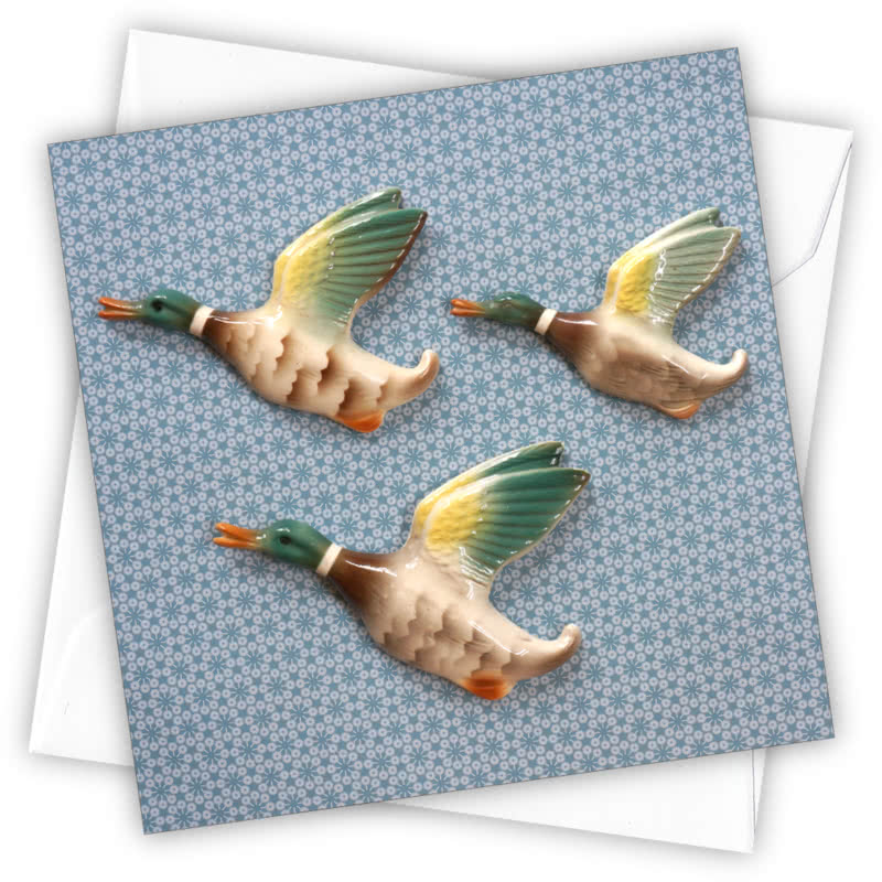 Flying Ducks Greetings Card - Magnolia the Florist Individual greeting card and envelope. Blank inside for your personal message Supplied with a colour co-ordinated envelope Envelope colour: White High-quality (300gsm) matt finish card Printed in the UK. Size: 100mm × 100m  1
