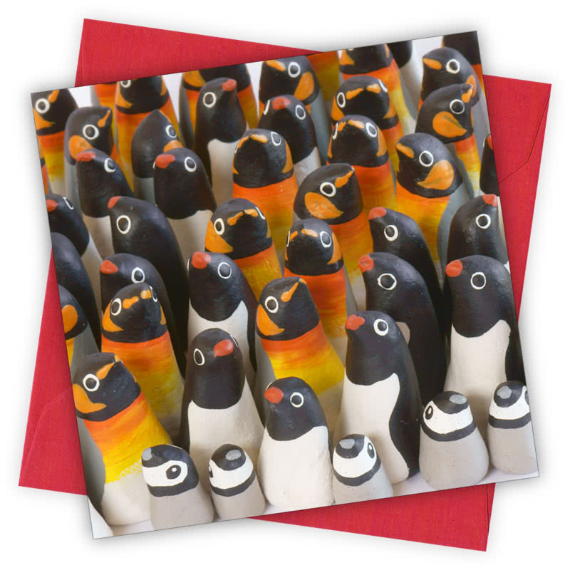 Penguins Greetings Card - Magnolia the Florist Individual greeting card and envelope. Blank inside for your personal message Supplied with a colour co-ordinated envelope Envelope colour: Red High-quality (300gsm) matt finish card Printed in the UK. Size: 100mm × 100m  1