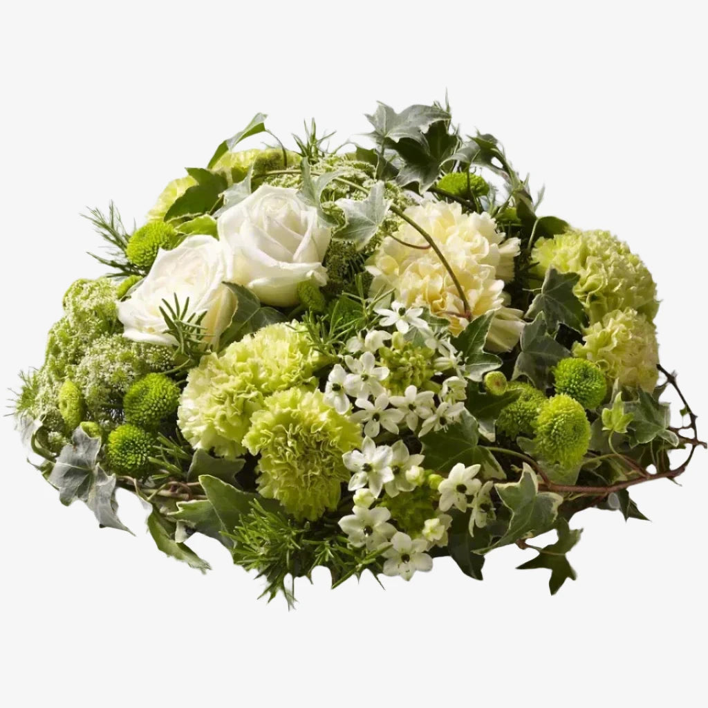 Woodland Posy - Magnolia the Florist Large-headed Roses, Carnations, Spray Chrysanthemums and delicate Giant Chincherinchee are surrounded by Rosemary and Ruscus leaves to create this white and green woodland-themed posy design. If you cannot find what you want on our site, please call our sales team, we're always happy to assist you This item requires 3 days notice to order.  1