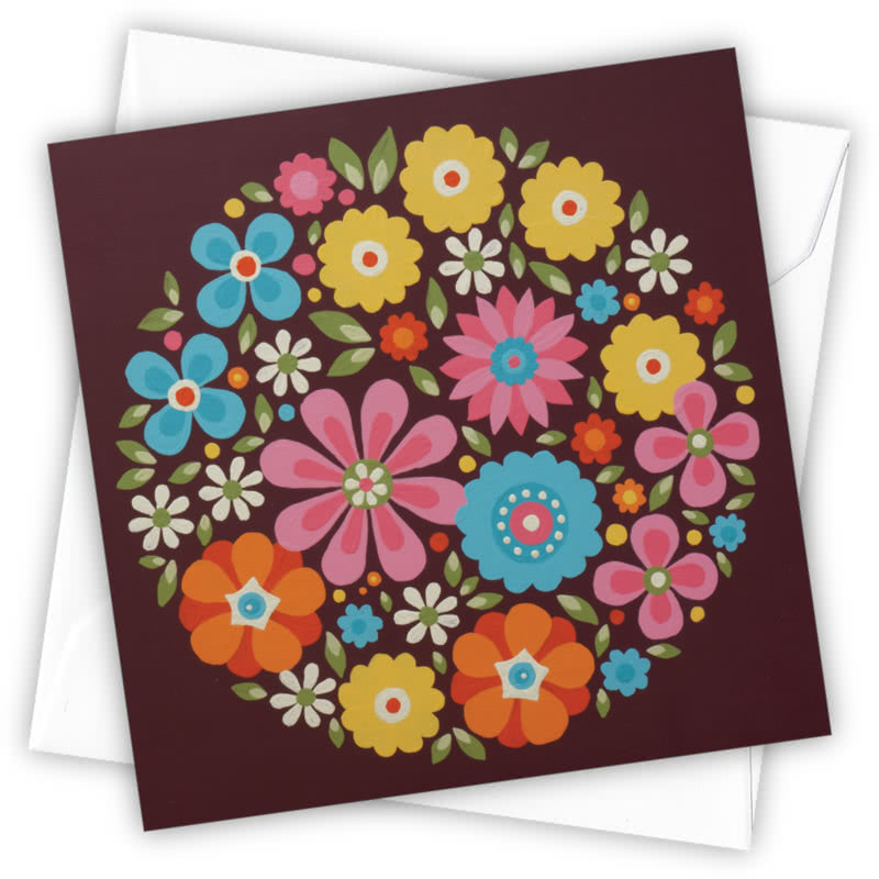 Retro Floral Pattern Greetings Card - Magnolia the Florist Individual greeting card and envelope. Blank inside for your personal message Supplied with a colour co-ordinated envelope Envelope colour: White High-quality (300gsm) matt finish card Printed in the UK. Size: 100mm × 100m  1