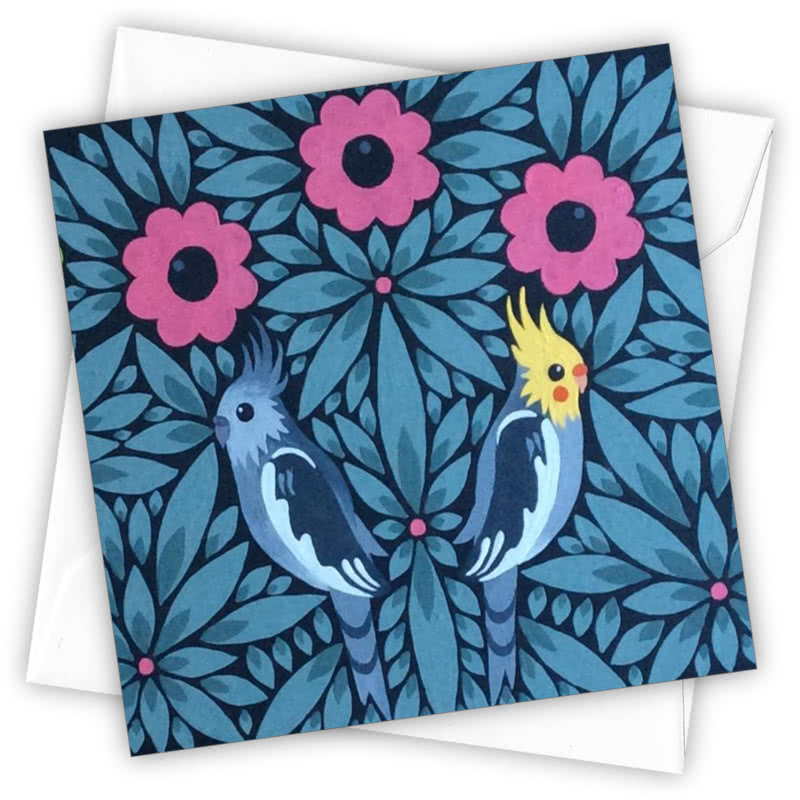 Cockatiels Greetings Card - Magnolia the Florist Individual greeting card and envelope. Blank inside for your personal message Supplied with a colour co-ordinated envelope Envelope colour: White High-quality (300gsm) matt finish card Printed in the UK. Size: 100mm × 100m  1