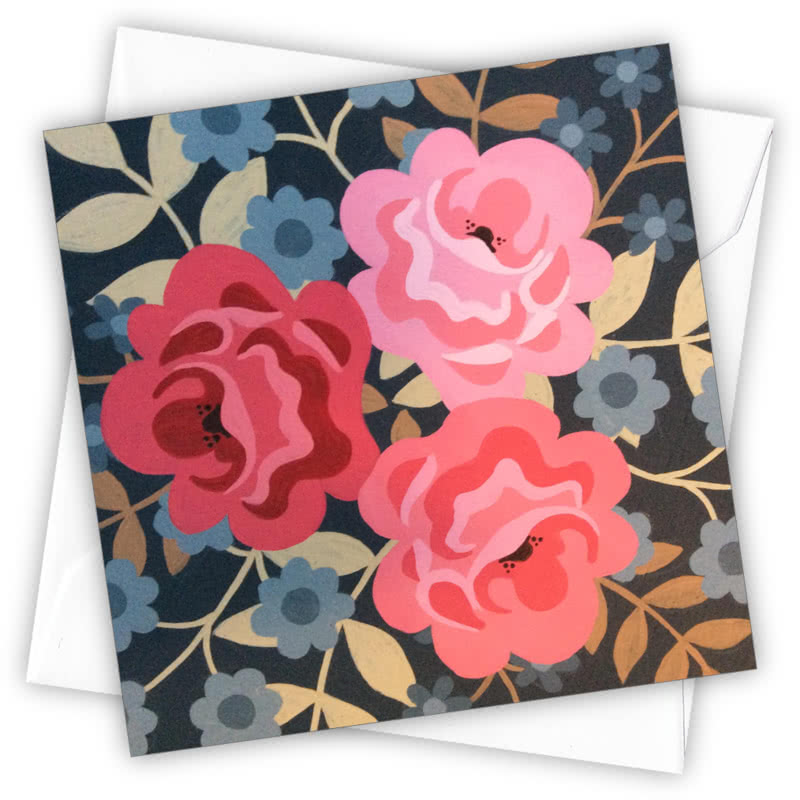 Dusky Roses Greetings Card - Magnolia the Florist Individual greeting card and envelope. Blank inside for your personal message Supplied with a colour co-ordinated envelope Envelope colour: White High-quality (300gsm) matt finish card Printed in the UK. Size: 100mm × 100m  1