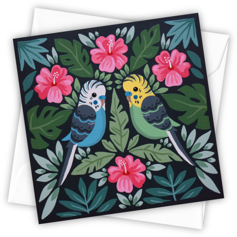 Tropical Budgies Greetings Card - Magnolia the Florist Individual greeting card and envelope. Blank inside for your personal message Supplied with a colour co-ordinated envelope Envelope colour: White High-quality (300gsm) matt finish card Printed in the UK. Size: 100mm × 100m  1