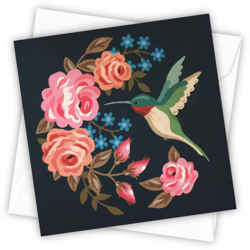 Hummingbird Greeting Card - Magnolia the Florist Individual greeting card and envelope. Blank inside for your personal message Supplied with a colour co-ordinated envelope Envelope colour: White High-quality (300gsm) matt finish card Printed in the UK. Size: 100mm × 100m  1