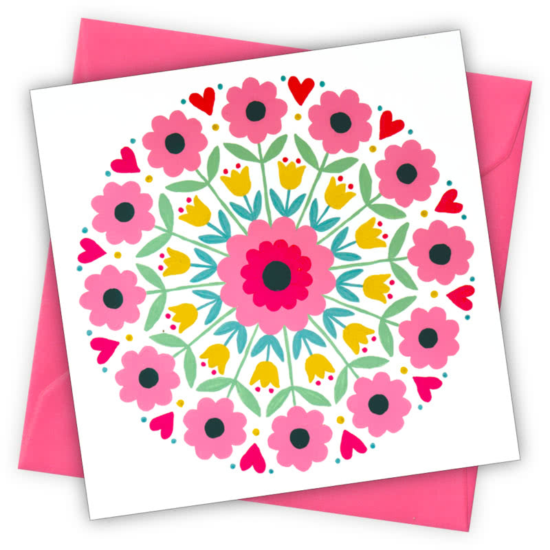 Kaleidoscope Flowers Greetings Card - Magnolia the Florist Individual greeting card and envelope. Blank inside for your personal message Supplied with a colour co-ordinated envelope Envelope colour: Cerise High-quality (300gsm) matt finish card Printed in the UK. Size: 100mm × 100m  1