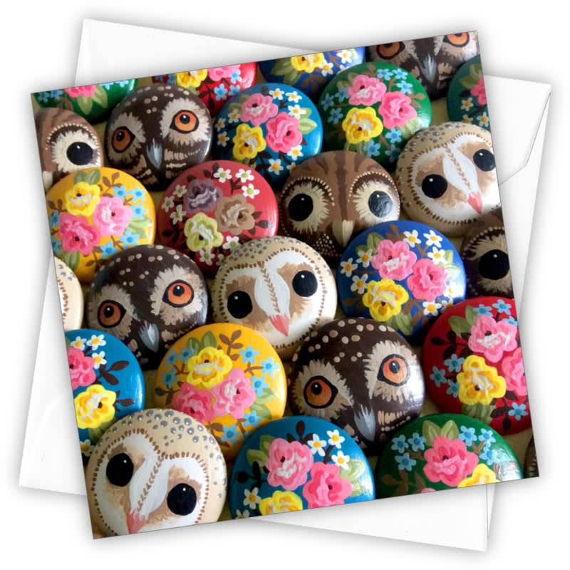 Owls Greetings Card - Magnolia the Florist Individual greeting card and envelope. Blank inside for your personal message Supplied with a colour co-ordinated envelope Envelope colour: White High-quality (300gsm) matt finish card Printed in the UK. Size: 100mm × 100m  1