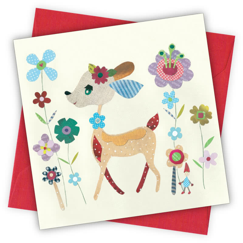 Deer Greetings Card - Magnolia the Florist Individual greeting card and envelope. Blank inside for your personal message Supplied with a colour co-ordinated envelope Envelope colour: Red High-quality (300gsm) matt finish card Printed in the UK. Size: 100mm × 100m  1