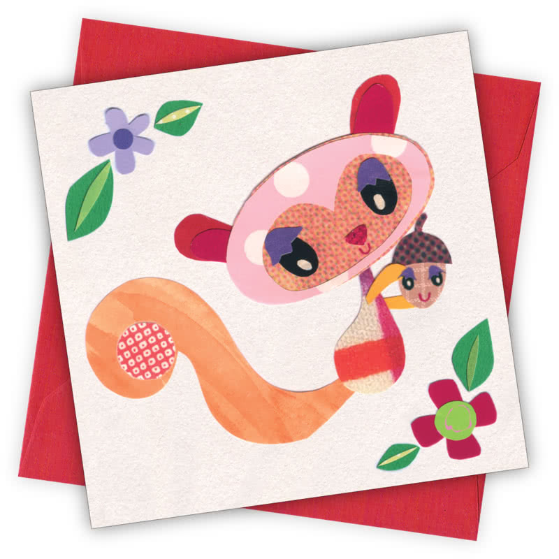 Squirrel Greetings Card - Magnolia the Florist Individual greeting card and envelope. Blank inside for your personal message Supplied with a colour co-ordinated envelope Envelope colour: Red High-quality (300gsm) matt finish card Printed in the UK. Size: 100mm × 100m  1